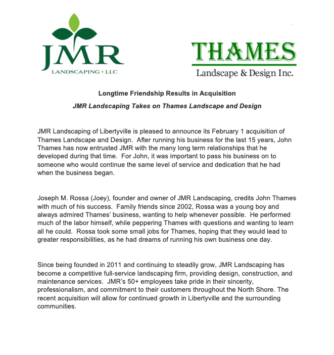 JMR Landscaping Acquires Thames Landscape & Design Inc.